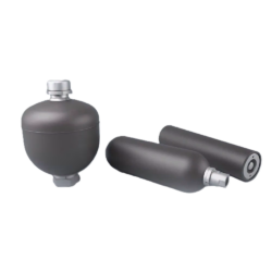 Model of all three types of accumulators. Left to right: Diaphragm accumulators, Bladder accumulators and Piston accumulators.